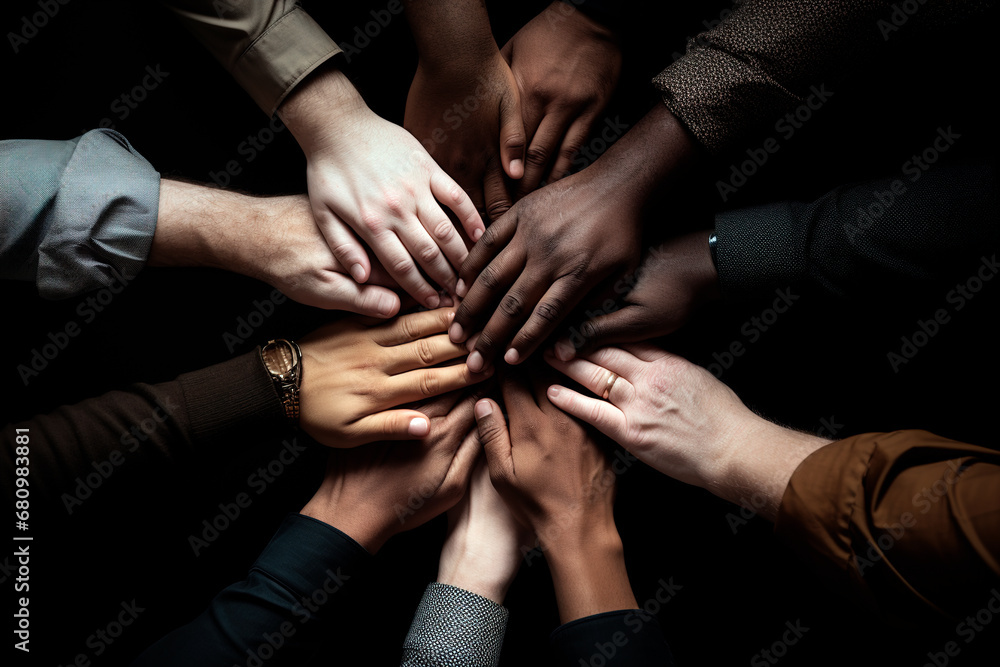 All hands together, united diversity or multi-cultural partnership in a group