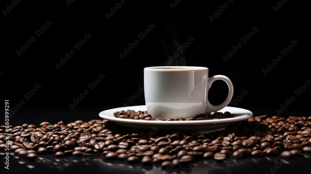 a white coffee mug on a white saucer and coffee beans on a black background