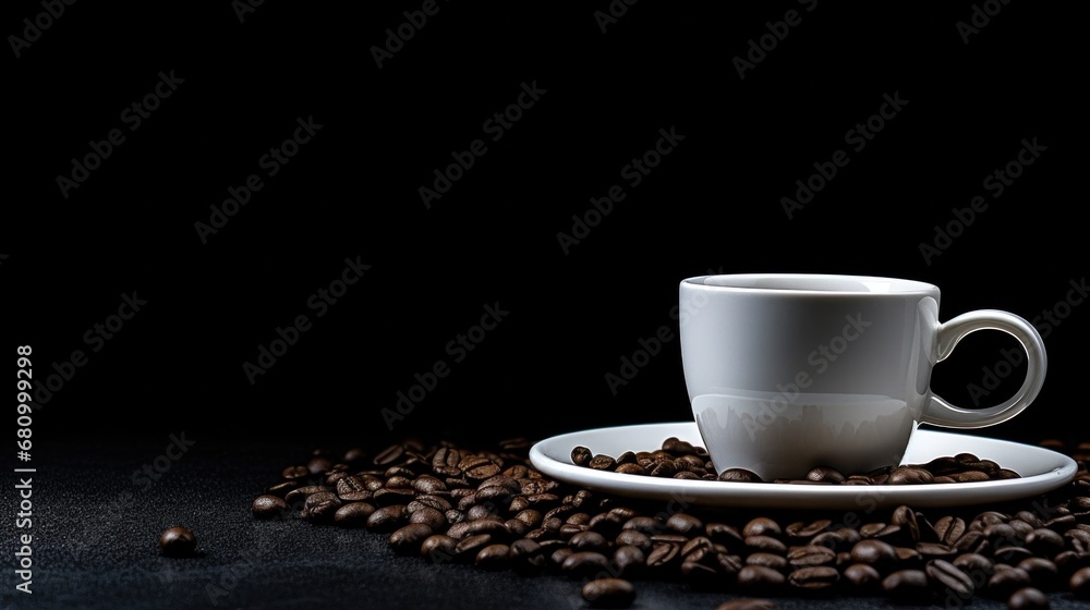 a white coffee mug on a white saucer and coffee beans on a black background