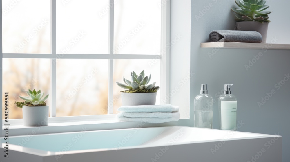 A serene bathroom with a trio of small succulents on the windowsill