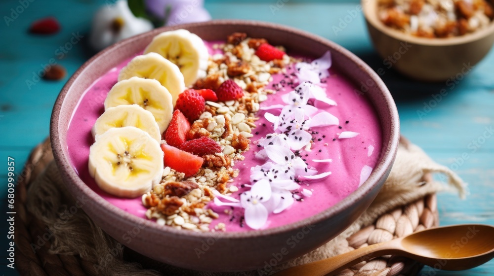 A smoothie bowl with a vibrant pink base made of blended dragon fruit