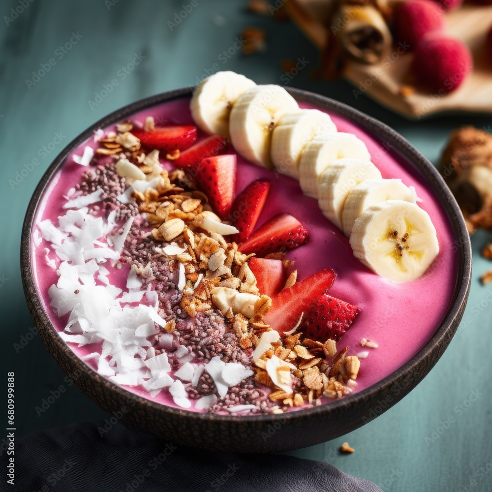 A smoothie bowl with a vibrant pink base made of blended dragon fruit