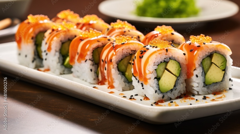 A tray of colorful sushi rolls, featuring ingredients like avocado