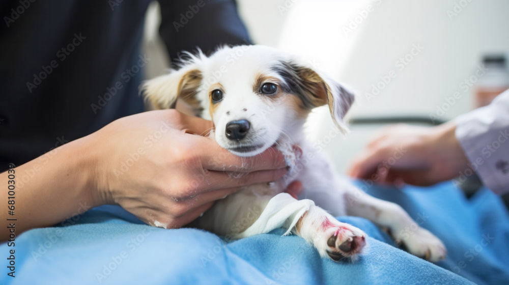 Vet examining dog inspecting health, injured pet, veterinary clinic, Pet on a Check Up Visit in Modern Veterinary Clinic  Caring Doctor,  Animal Clinic, Pet check up and vaccination