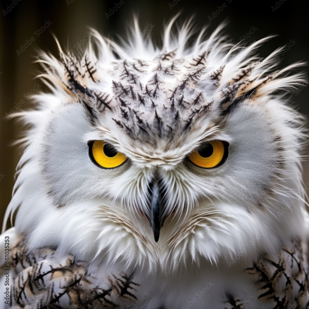 A stunning portrait of a snowy owl, with its piercing yellow eyes and fluffy white feathers