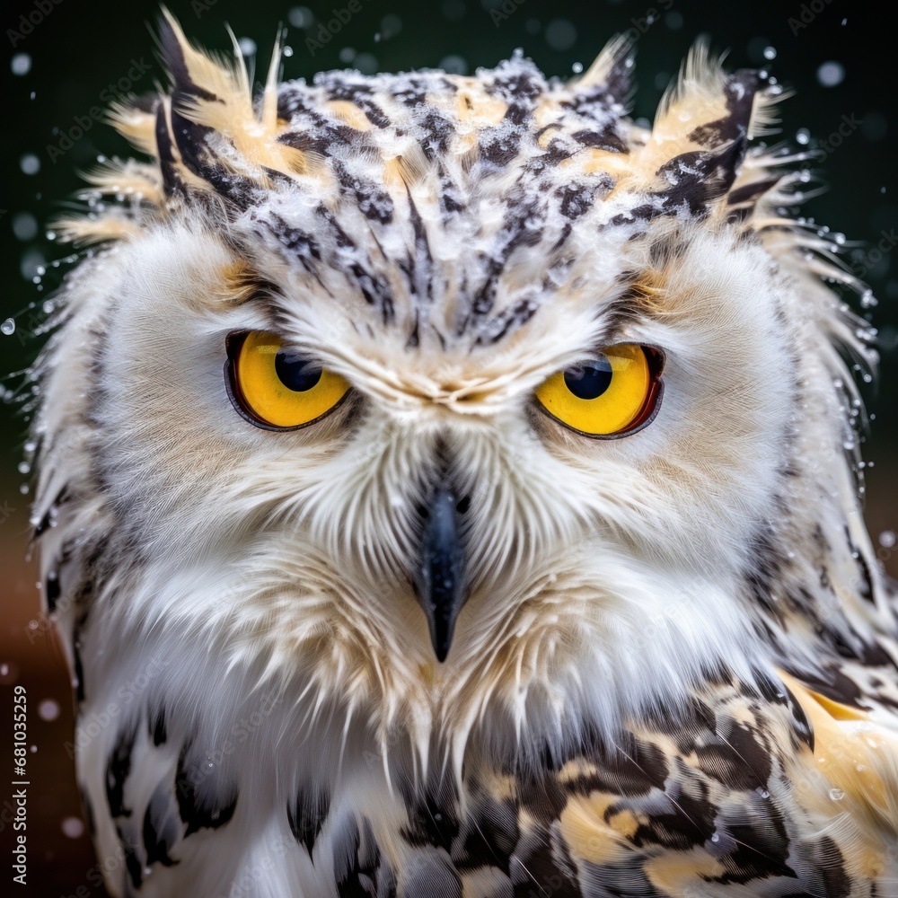 A stunning portrait of a snowy owl, with its piercing yellow eyes and fluffy white feathers