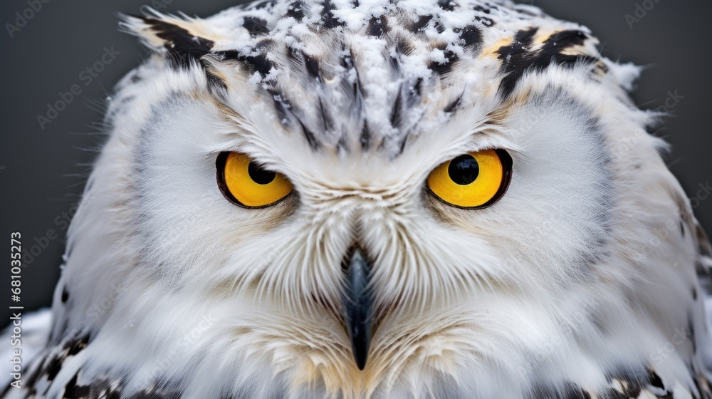 A stunning portrait of a snowy owl, with its piercing yellow eyes and fluffy white feathers