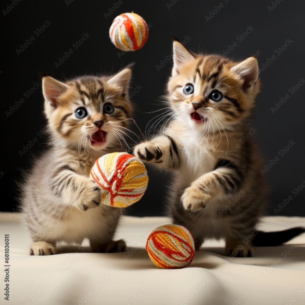 wo tabby kittens playing together with a ball of yarn