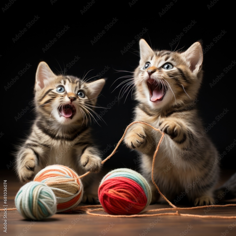 wo tabby kittens playing together with a ball of yarn