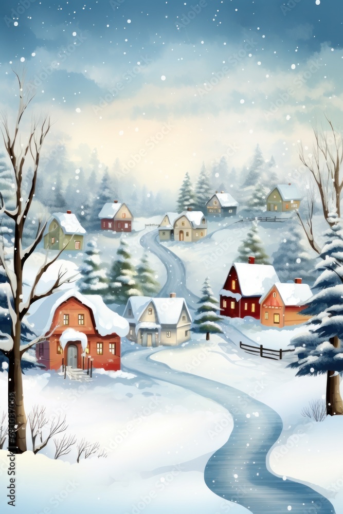 A charming winter village scene with snow-covered houses and a frozen pond, perfect for holiday greeting cards