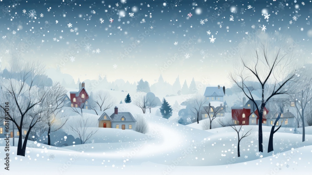 A charming winter village scene with snow-covered houses and a frozen pond, perfect for holiday greeting cards