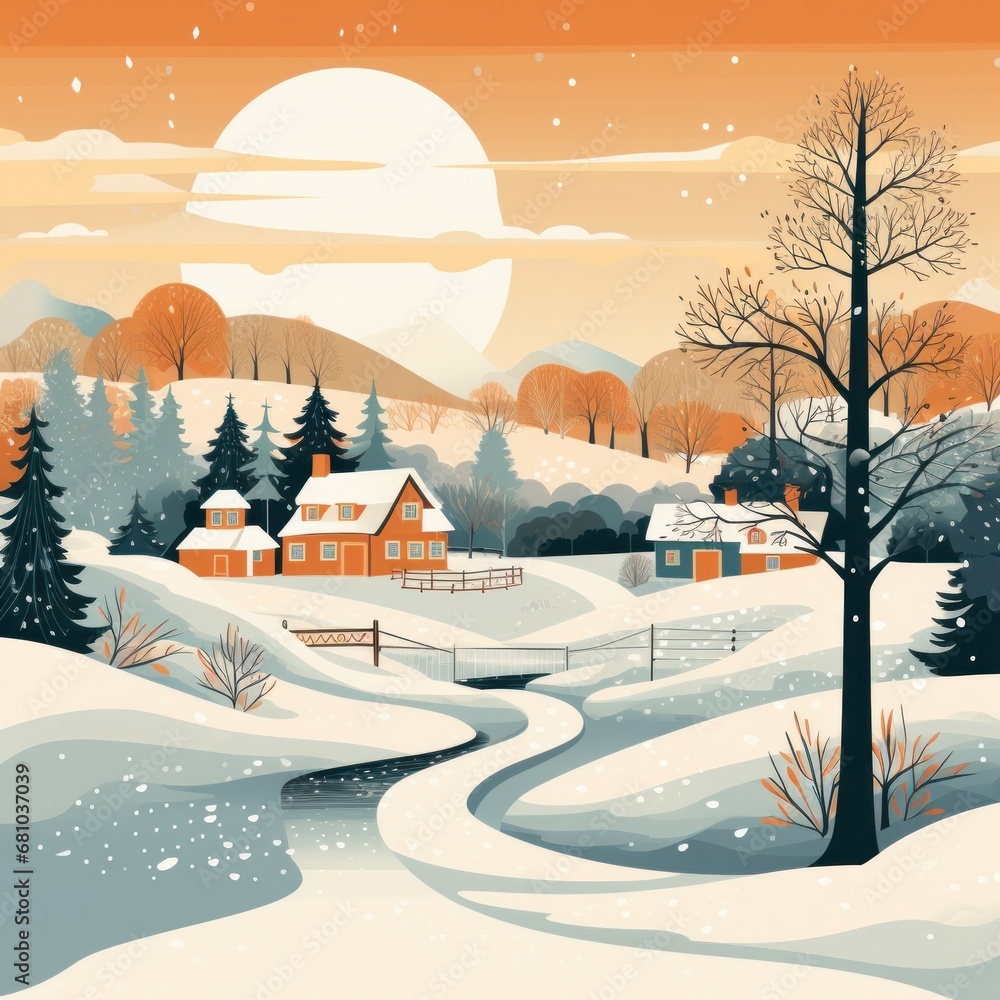 A charming winter village scene with snow-covered houses and a frozen pond, perfect for holiday greeting cards