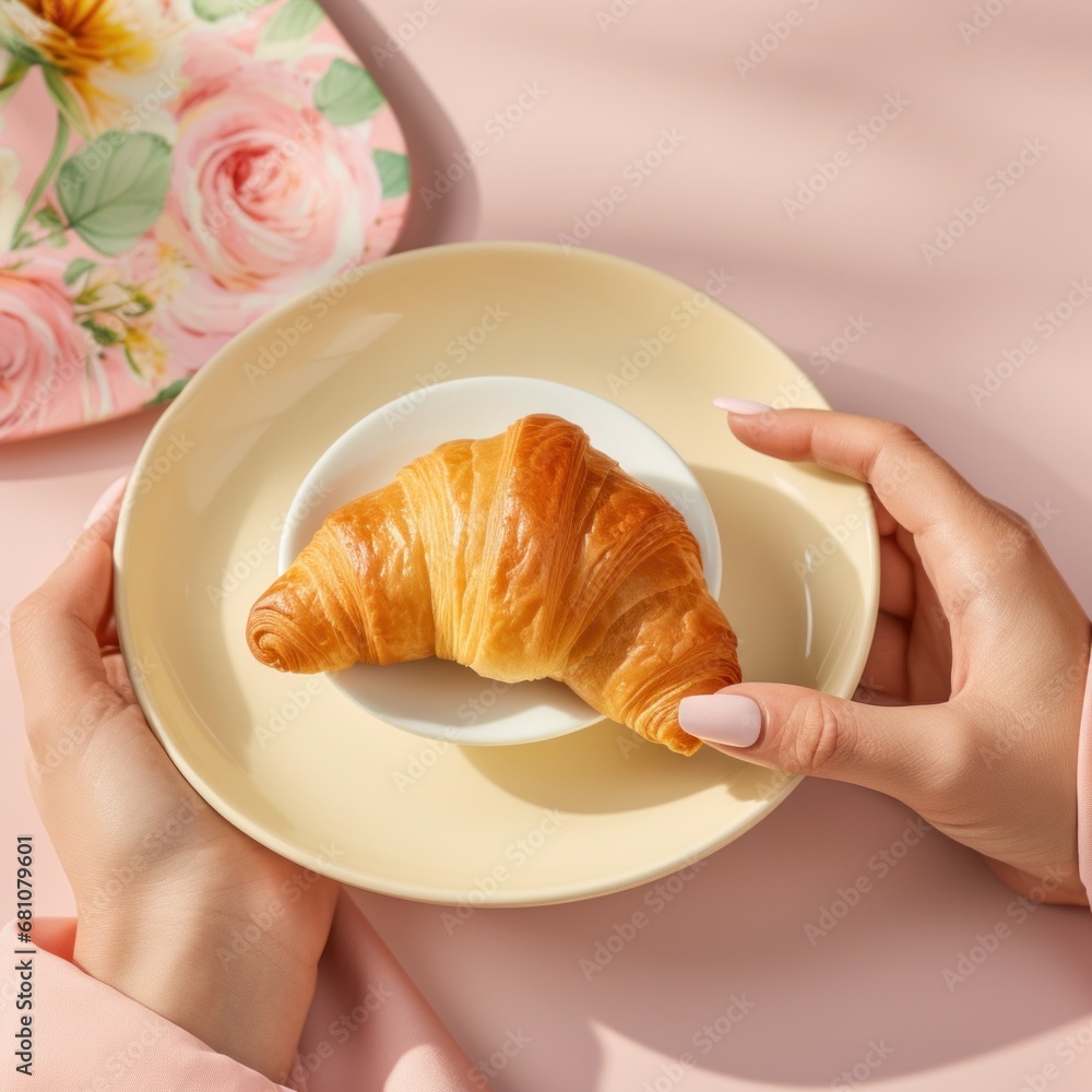 A womans hand holding a white mug of coffee with a croissant on a plate