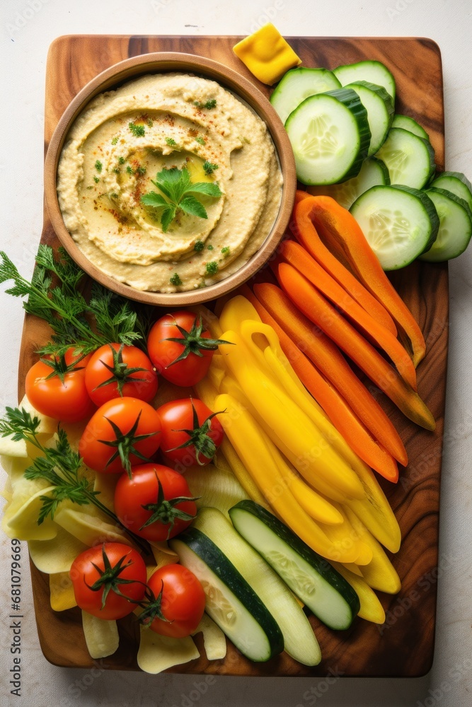 A wooden board featuring an assortment of sliced vegetables