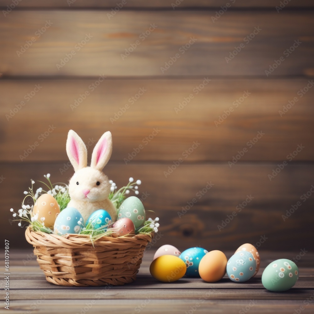 Adorable bunny ears and a basket of Easter eggs on a wooden table with copy space