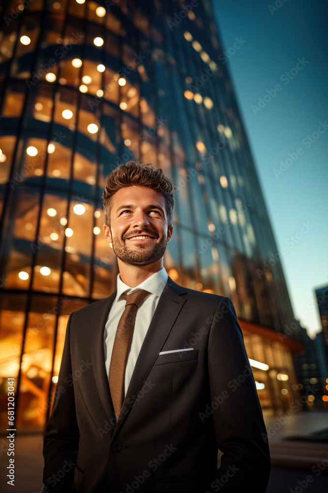 A happy professional business man looking city building.