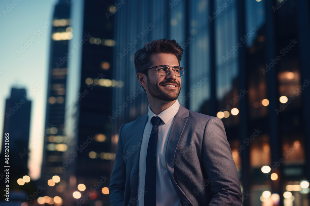 A happy professional business man looking city building.