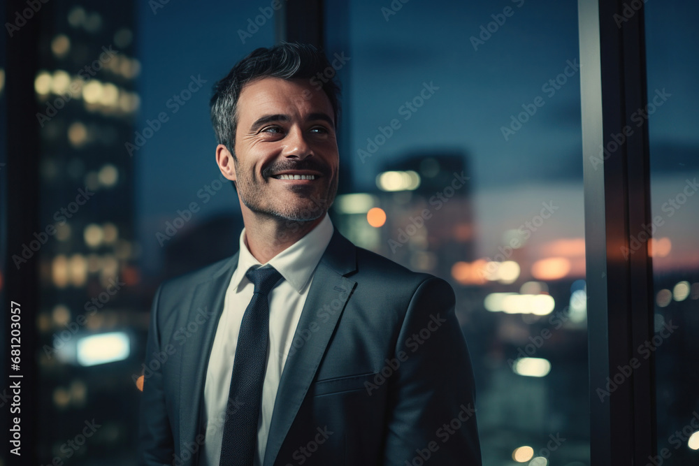 A happy professional business man looking city building.