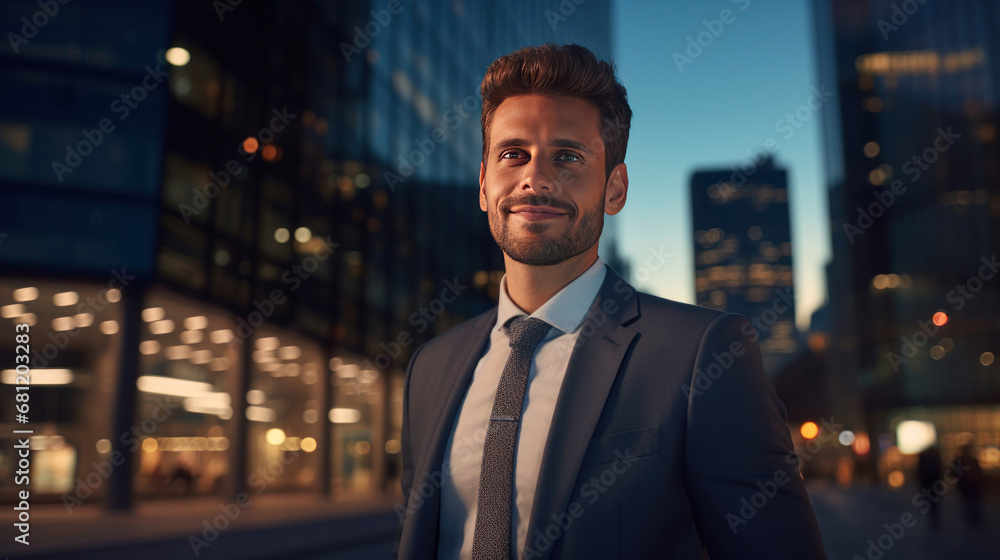 A happy professional business man looking city building.