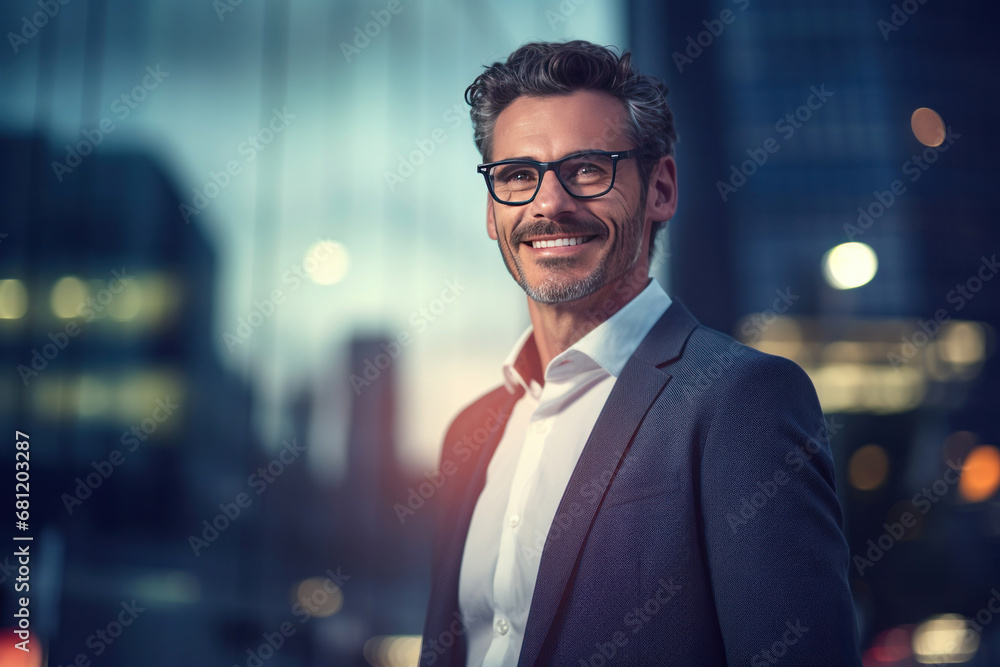 A happy professional business man looking city building.