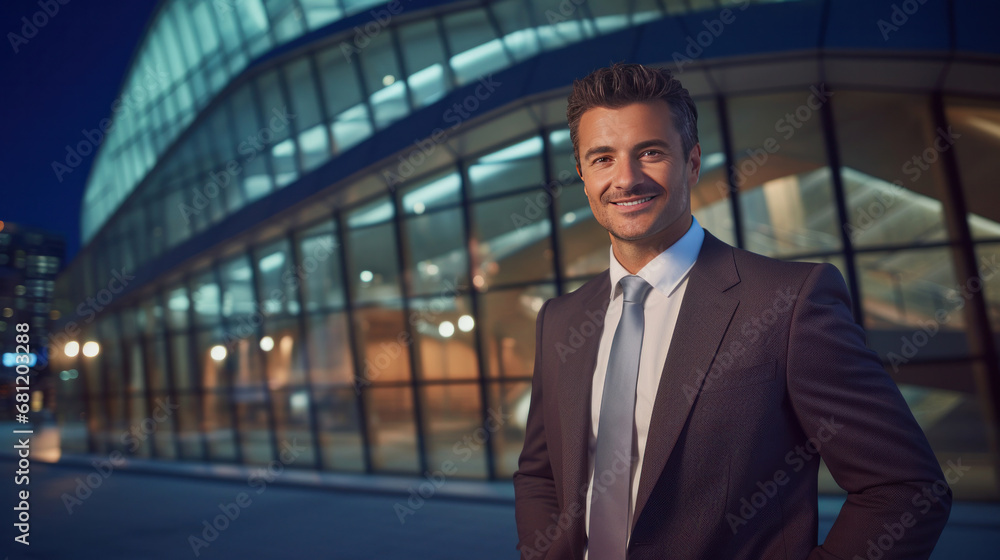 A happy professional business man looking city building.