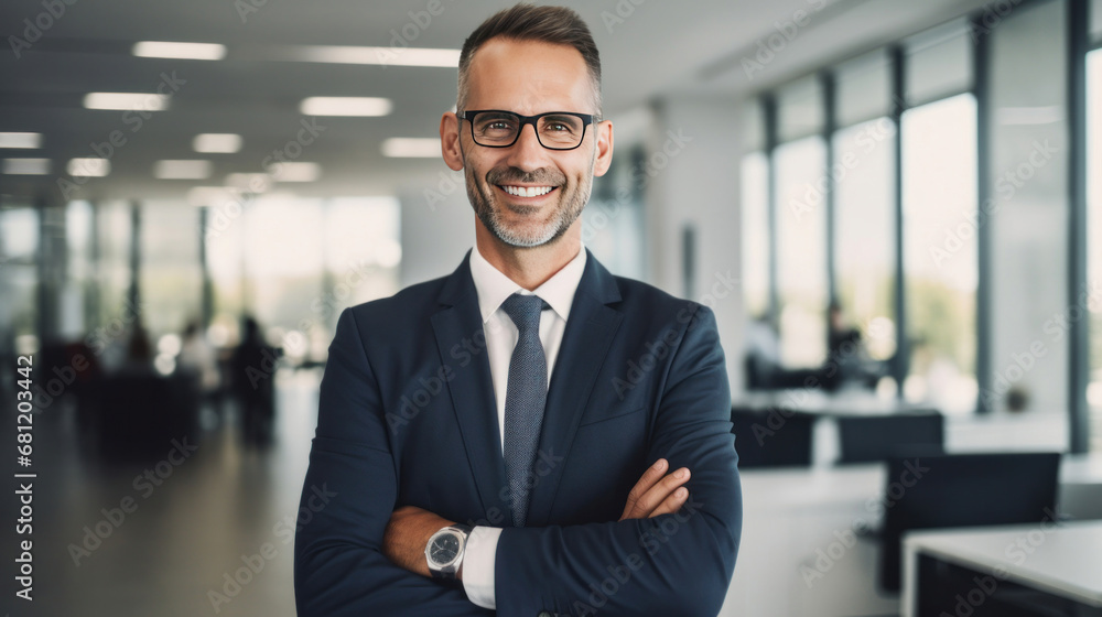 A smiling businessman standing in front of a camera with his arms crossed in a modern office.