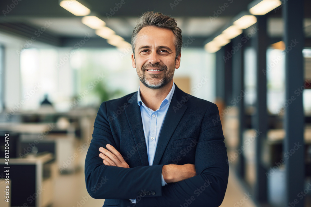 A smiling businessman standing in front of a camera with his arms crossed in a modern office.