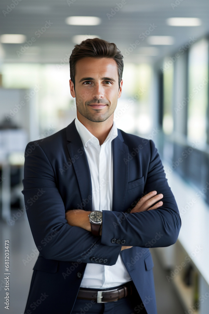 A smiling businessman standing in front of a camera with his arms crossed in a modern office.