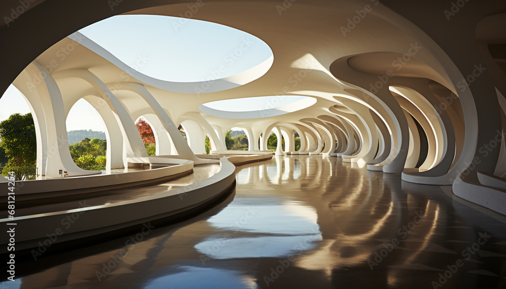 Modern architecture reflects in the indoor corridor with abstract design generated by AI