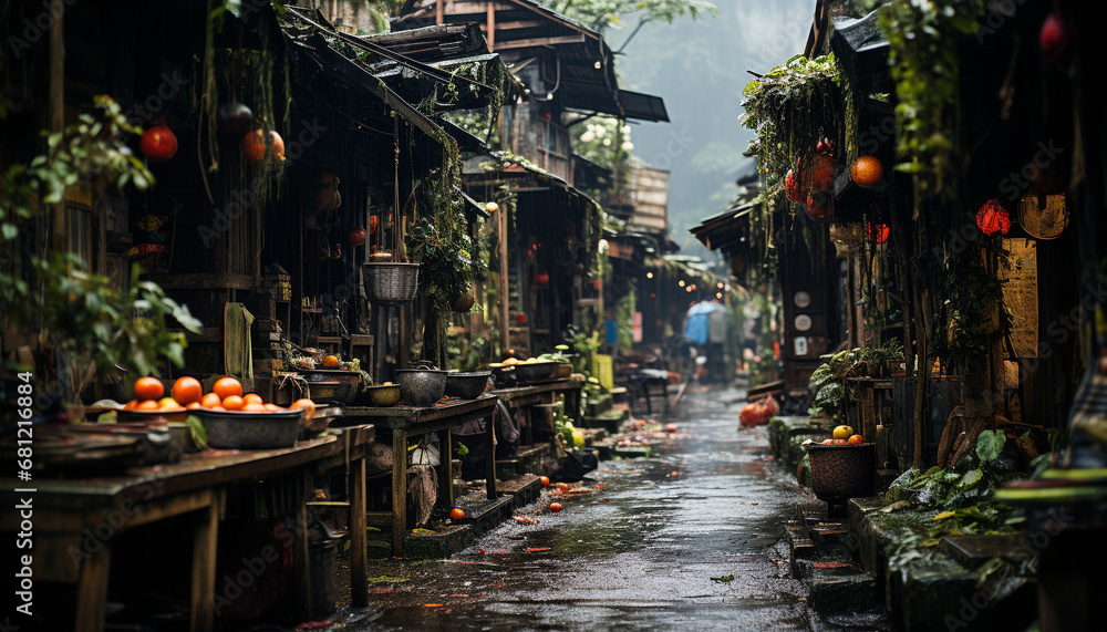 Famous city street, crowded with outdoor markets and lanterns generated by AI