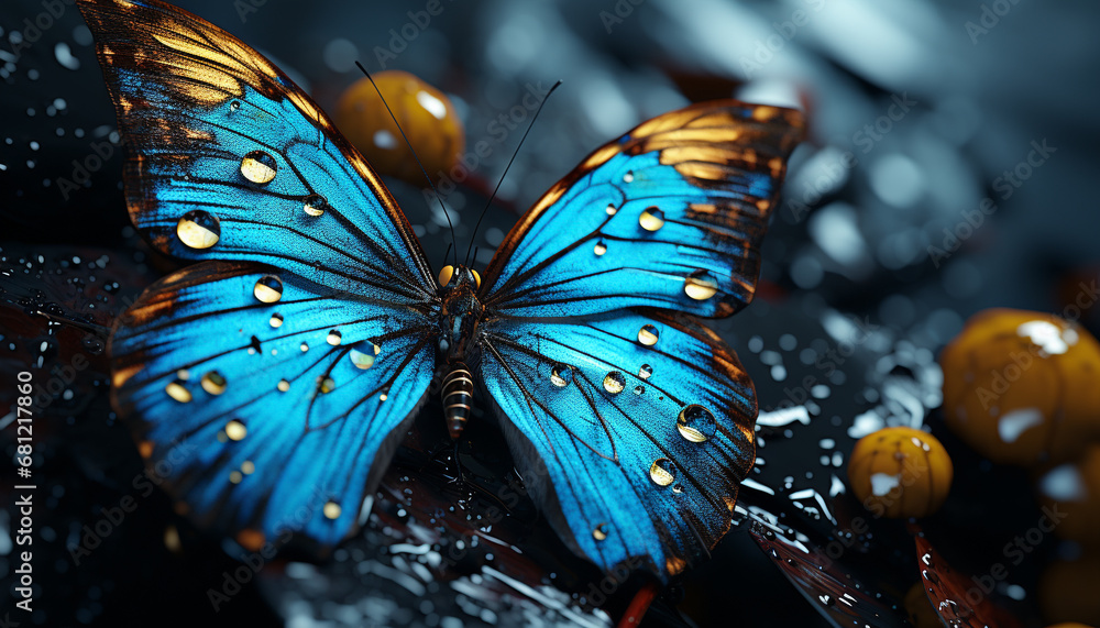 Vibrant butterfly wing glistens with dew on wet green leaf generated by AI