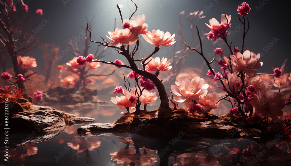 A beautiful pink flower blossoms in the tranquil forest generated by AI