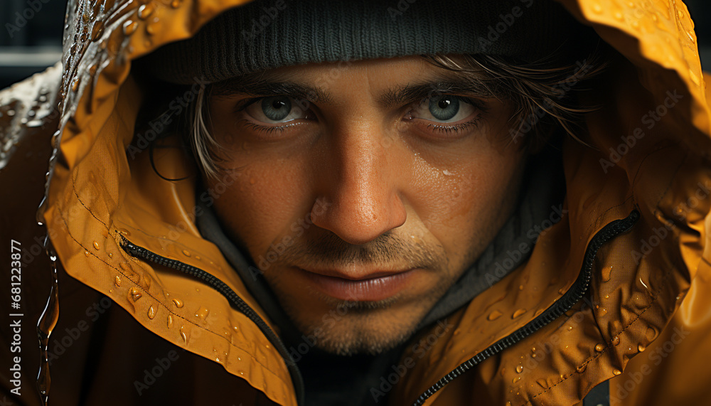 One man, hooded shirt, looking at camera, outdoors, rain generated by AI