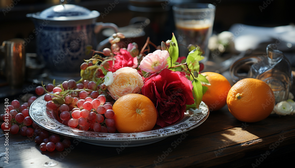 Fresh fruit on wooden table, nature healthy eating decoration generated by AI