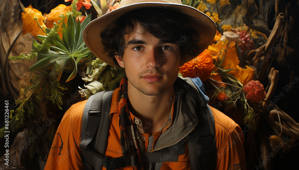 Young adult Caucasian male smiling, looking at camera in autumn forest generated by AI