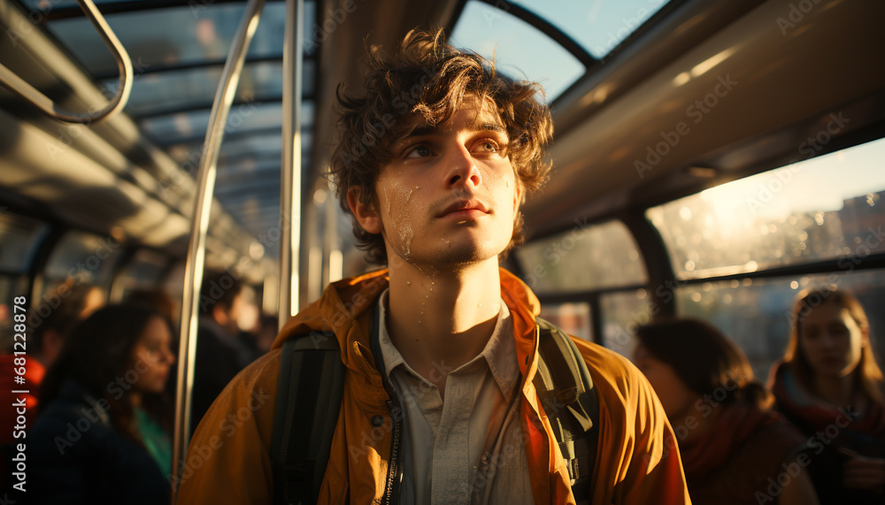 Young adult commuter on bus, smiling, enjoying city life generated by AI