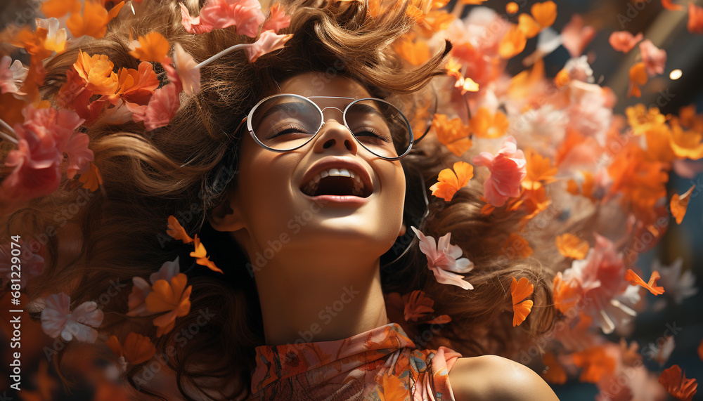 Young woman in autumn forest, smiling with colorful leaves generated by AI