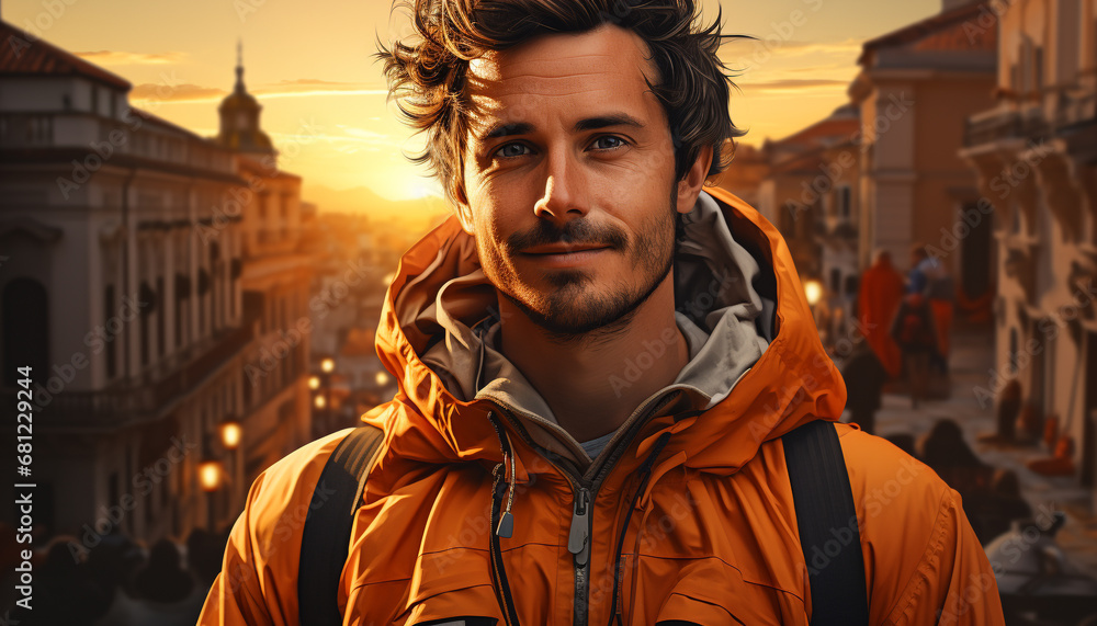 Smiling tourist standing in city, enjoying winter sunset adventure generated by AI