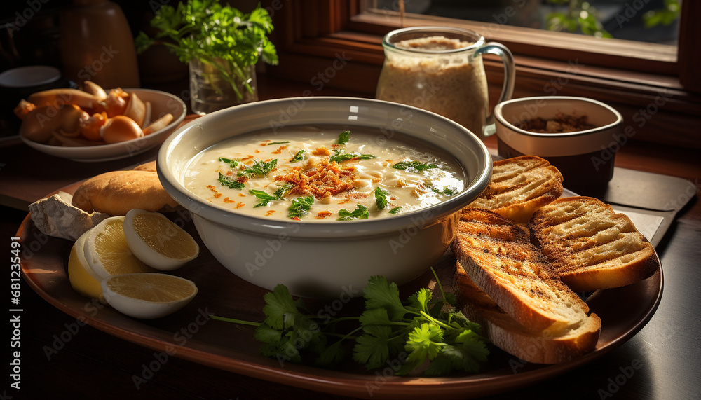 Freshness and heat in a homemade vegetarian soup bowl generated by AI