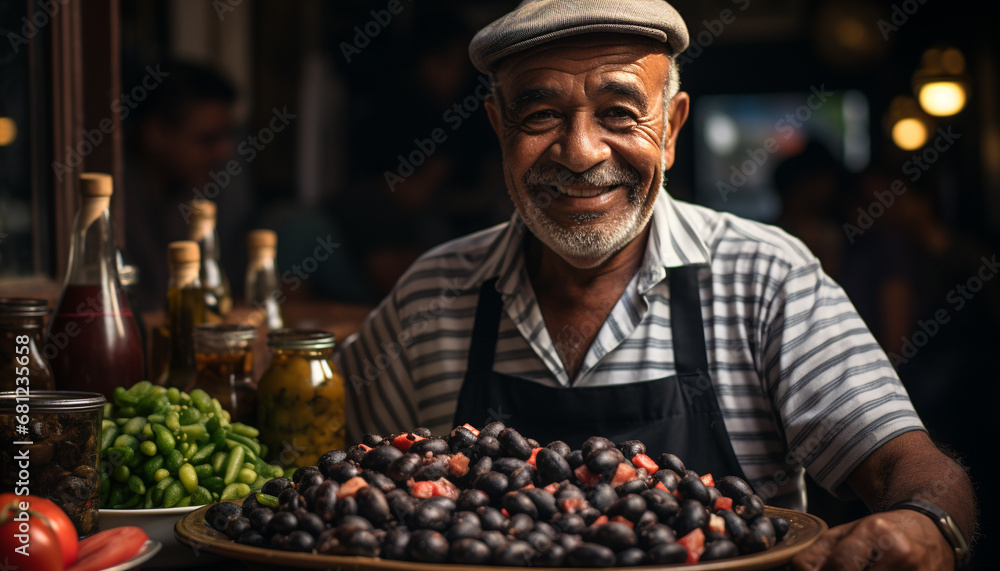 One man standing, smiling, holding fresh organic fruit generated by AI