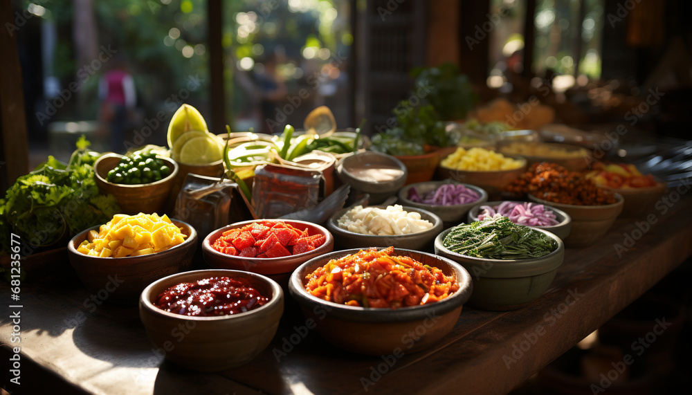 Freshness and variety of healthy eating on a wooden table generated by AI