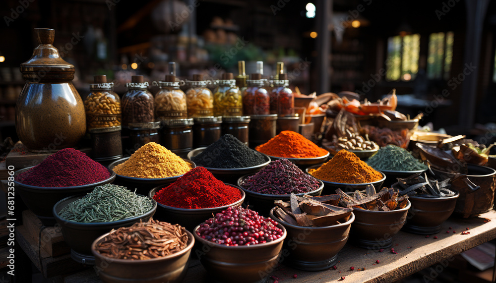 A vibrant collection of spices in a wooden bowl generated by AI