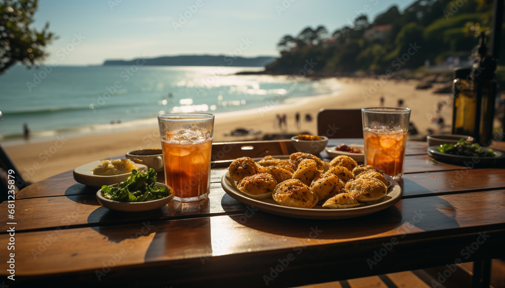 Fresh gourmet meal on wooden table, outdoors, summer refreshment generated by AI