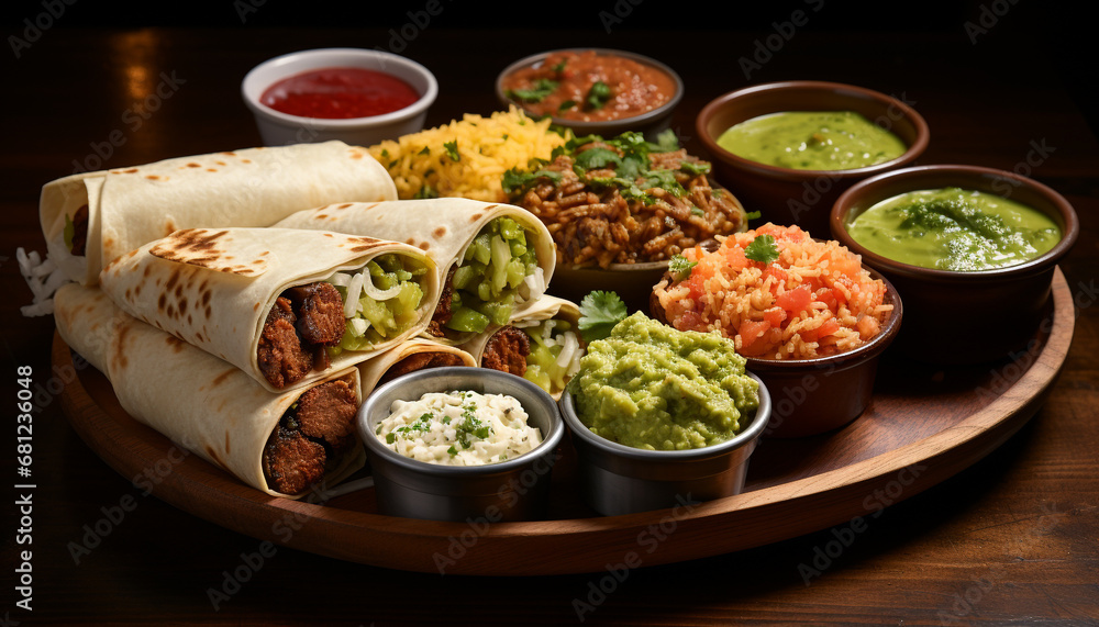 Fresh guacamole and beef taco on a wooden plate generated by AI