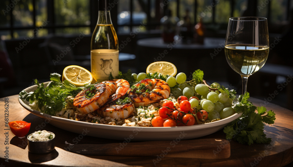 Grilled seafood plate, fresh and healthy, on rustic wooden table generated by AI