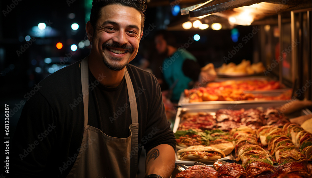 A cheerful man, owner of a small barbecue store, grilling meat generated by AI