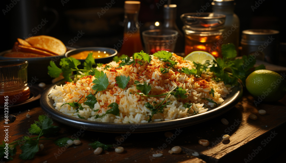 Gourmet meal Freshness cooked with cilantro, rice, and healthy vegetables generated by AI