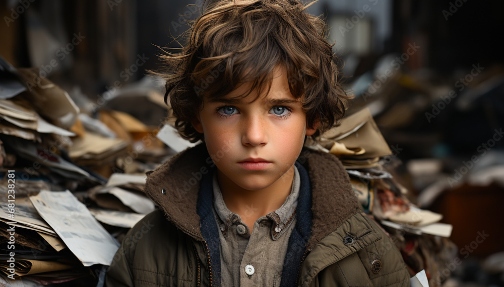 One cute boy sitting outdoors, looking serious in winter generated by AI