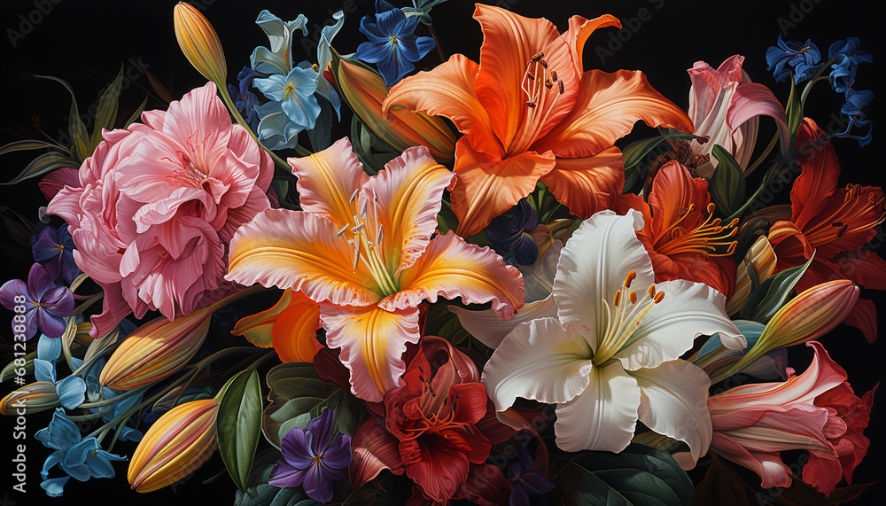 A vibrant bouquet of colorful flowers brings nature beauty generated by AI