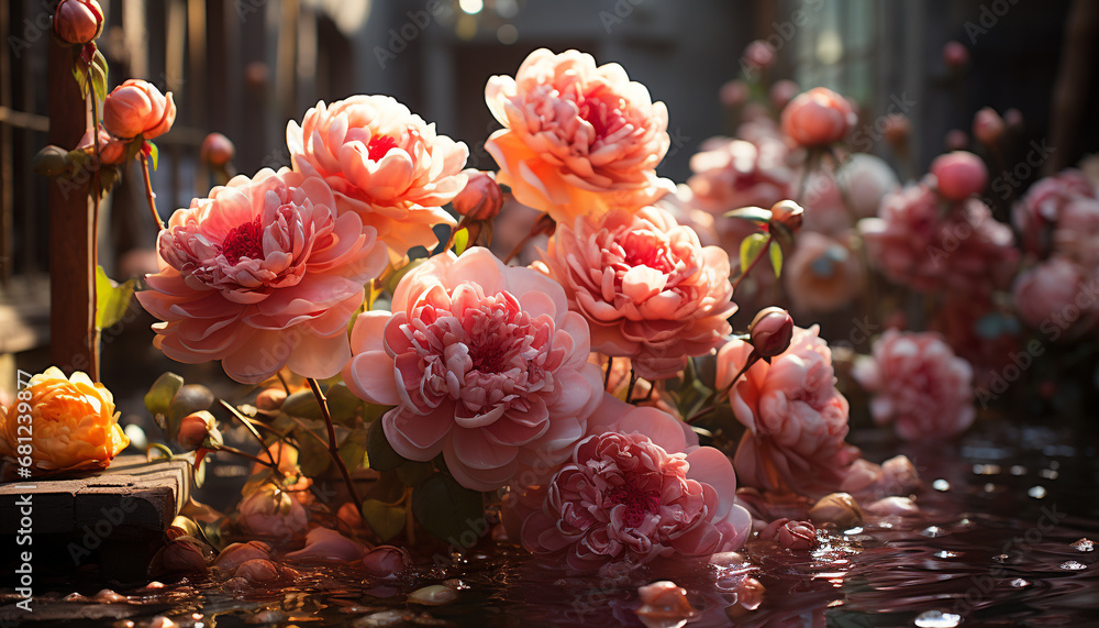 A bouquet of fresh, pink flowers decorates the table generated by AI